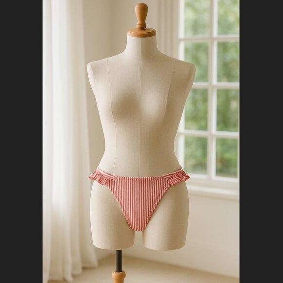 Aerie Bikini Bottom Size XS Red White Stripe Seersucker Ruffle Trim Swimwear NWT - Picture 1 of 12
